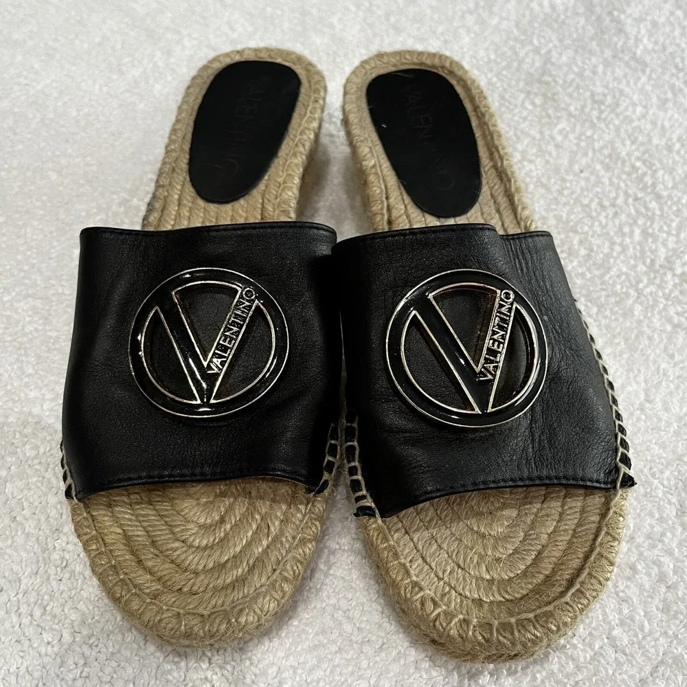 Valentino Garavani Black Leather Gold V Logo Espadrille Slide Sandals‎ Womens 38